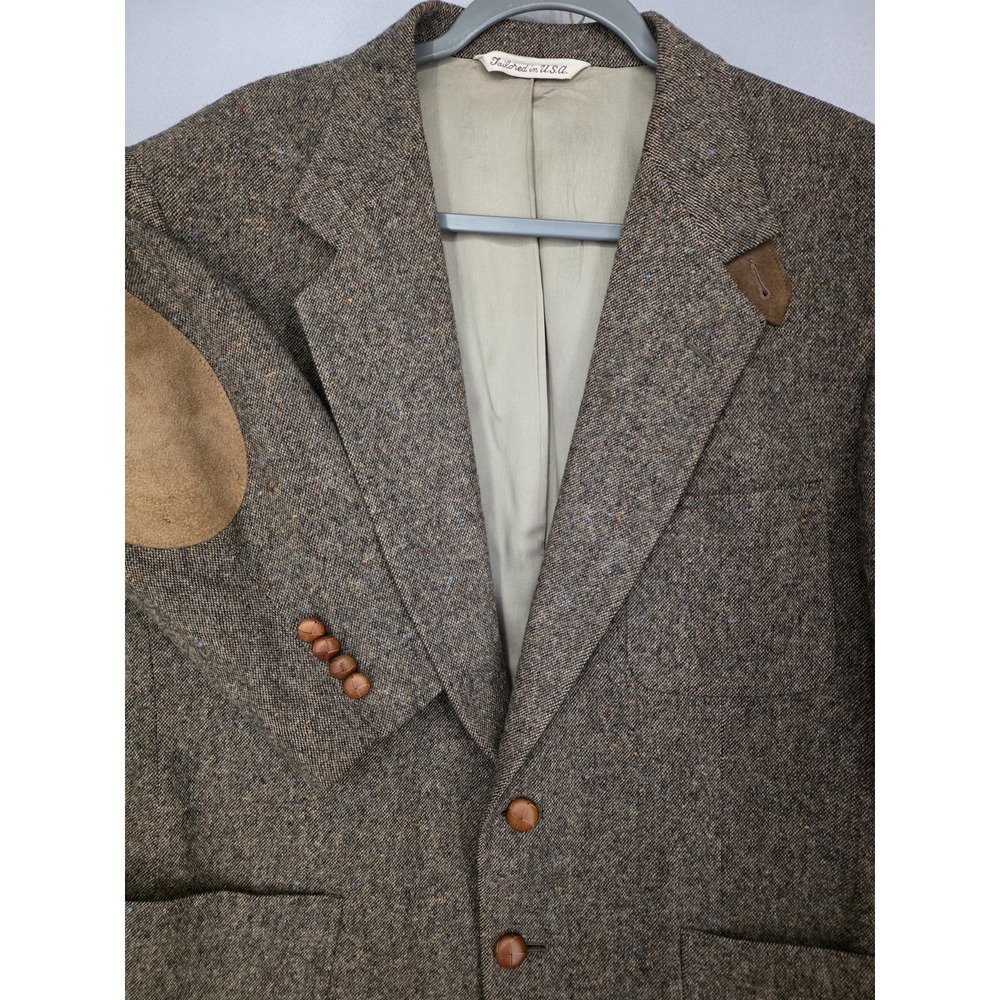 Stafford Mens 42S Wool Jacket Brown Check Elbow Patch Leather Button Tweed Sport